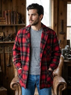 Vintage 70s Pendleton Wool Jacket Plaid Field Coat Shacket Red Black Sz XL